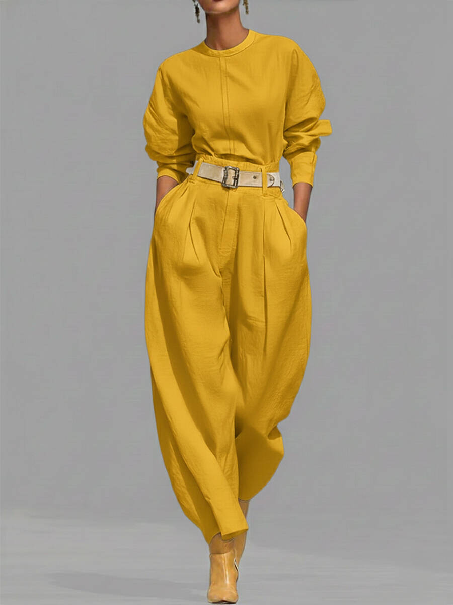 🔥Summer Arrivals🌟Casual Linen And Cotton Crew-neck Shirt And High-waisted Tapered Trousers Two-piece Set.