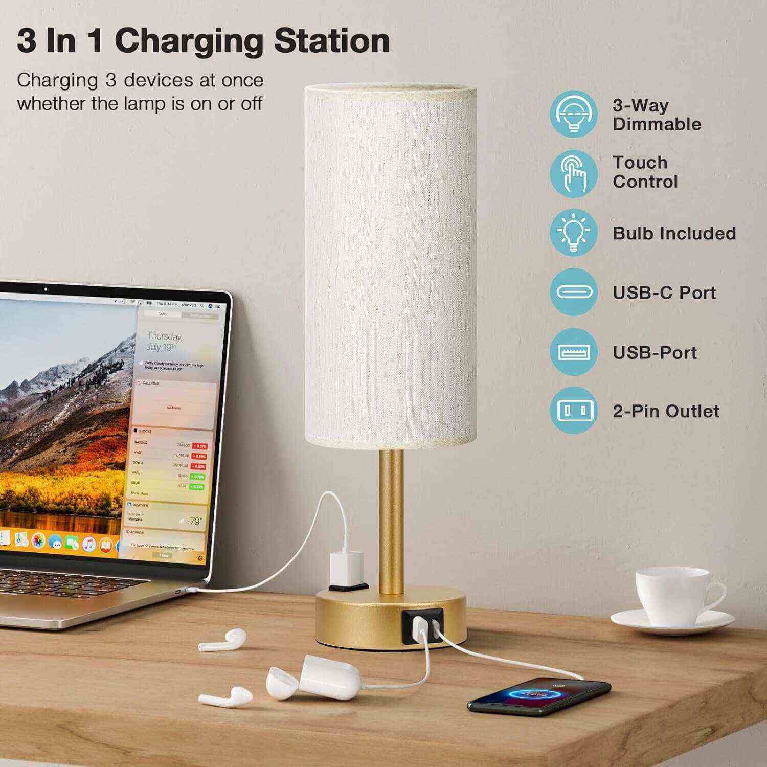 Bedside Table Lamp for Bedroom - 3 Way Dimmable Touch Lamp USB C Charging Ports and AC Outlet, Small Lamp Wood Base Round Flaxen Fabric Shade for Living Room, Desk, LED Bulb Included