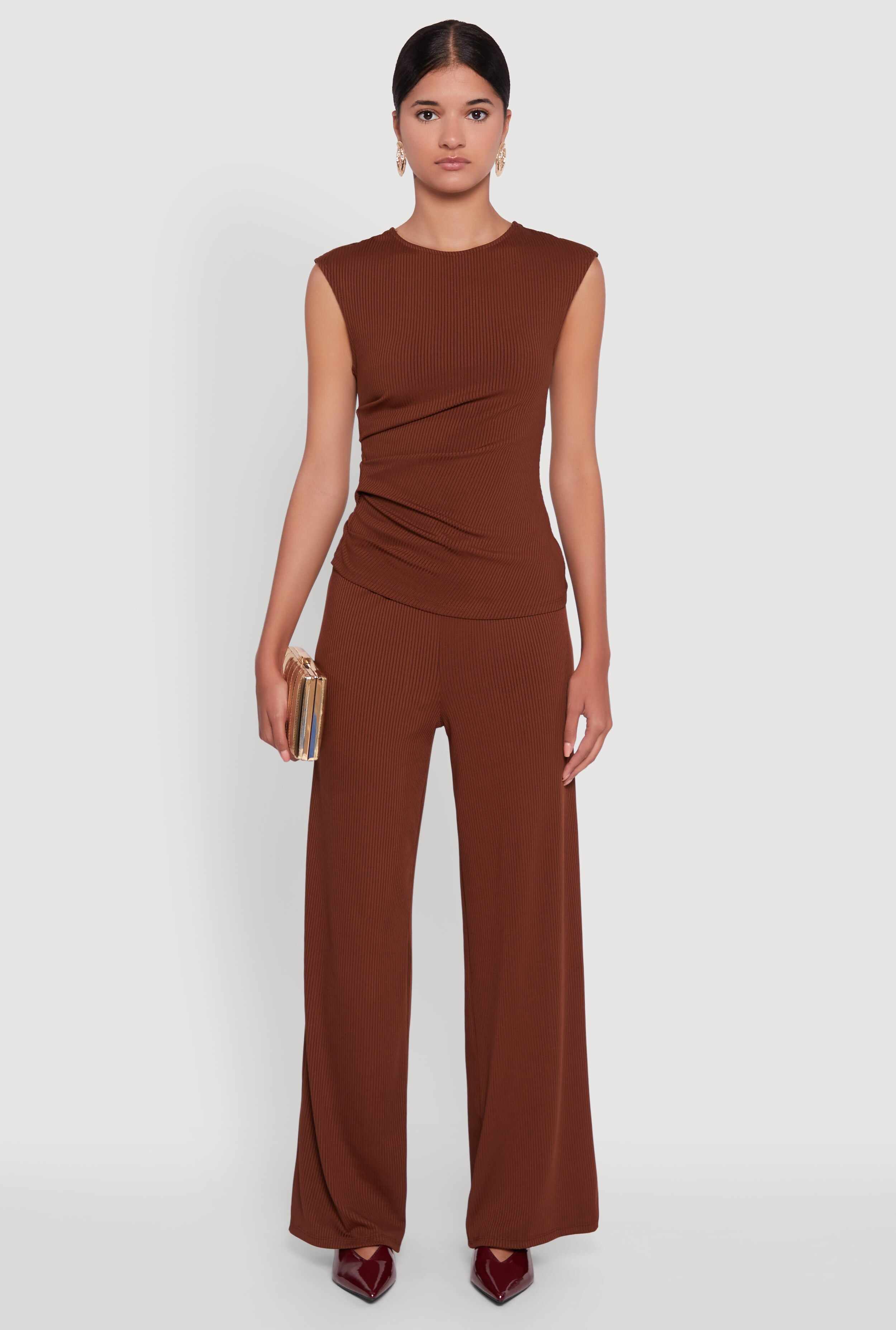 High Waisted Wide Leg Ribbed Knit Casual Pants