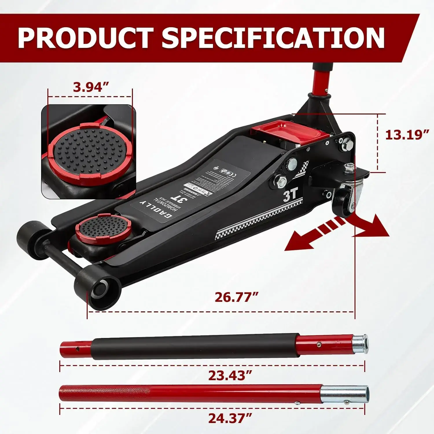 3 Ton Low Profile, Heavy-Duty Steel Racing Floor Jack with Dual Pistons Quick Lift Pump, with Lug Wrench Lifting Range 3.35