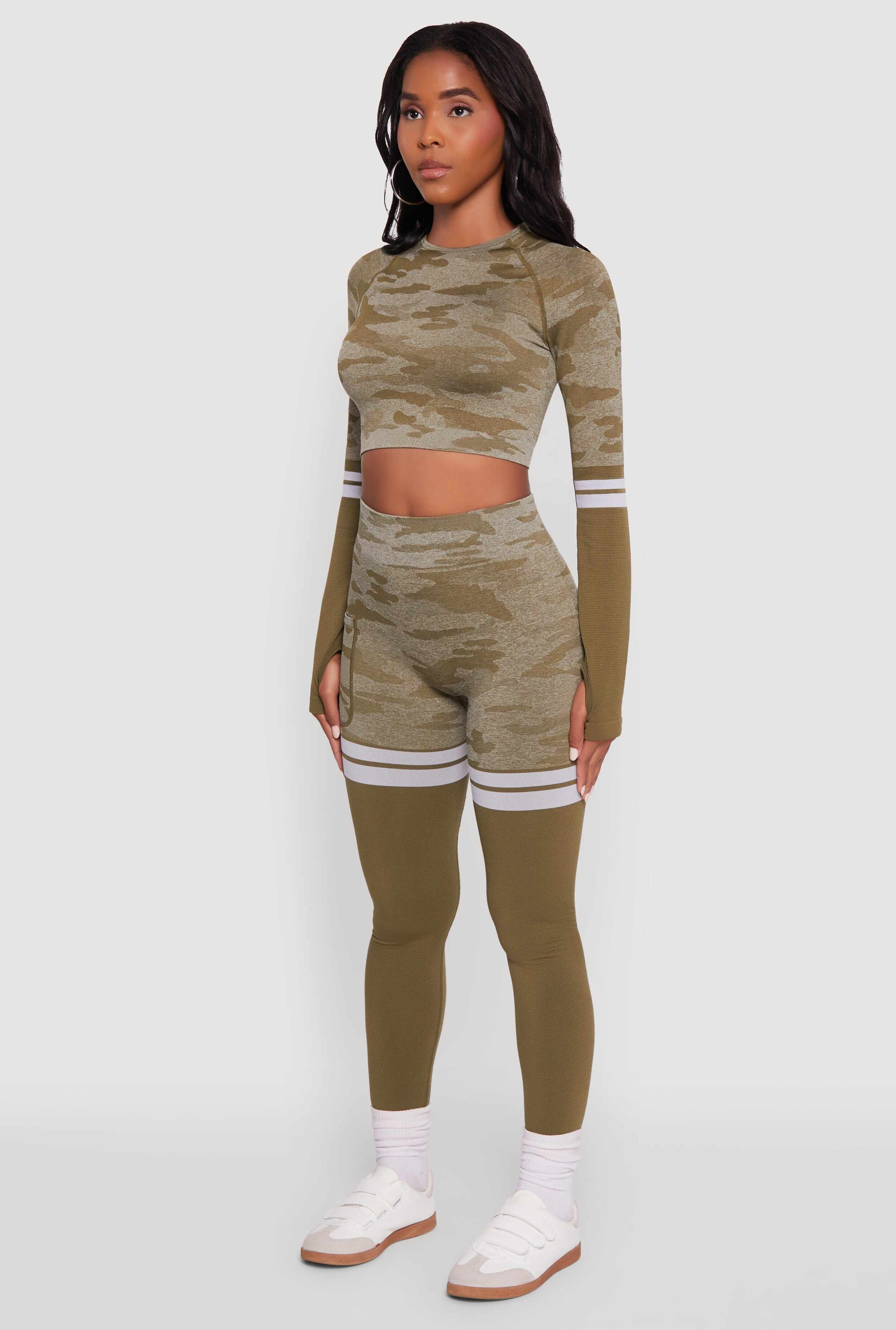 Camo Two Tone Long Sleeve Crop Top with Thumb Holes