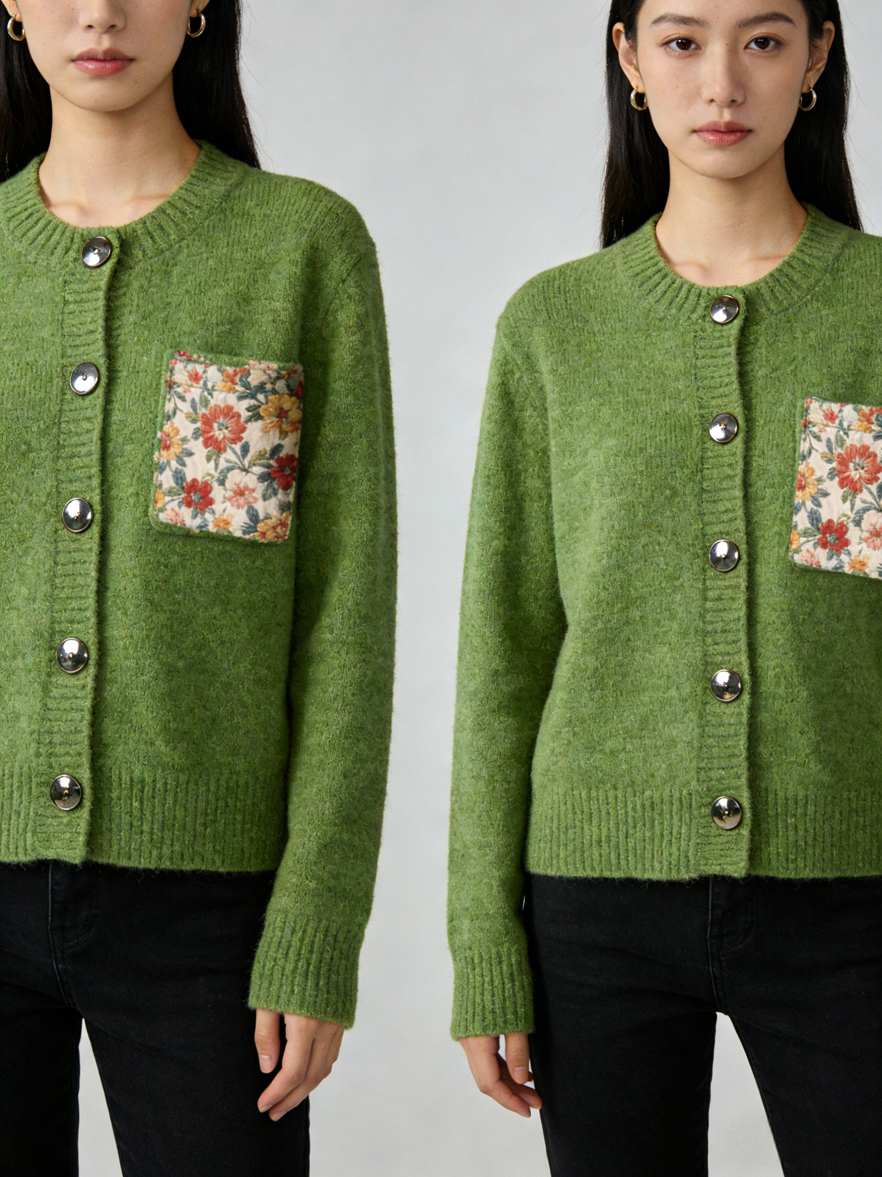 Floral Green Button Pockets Cotton Knit Coats Long Sleeve