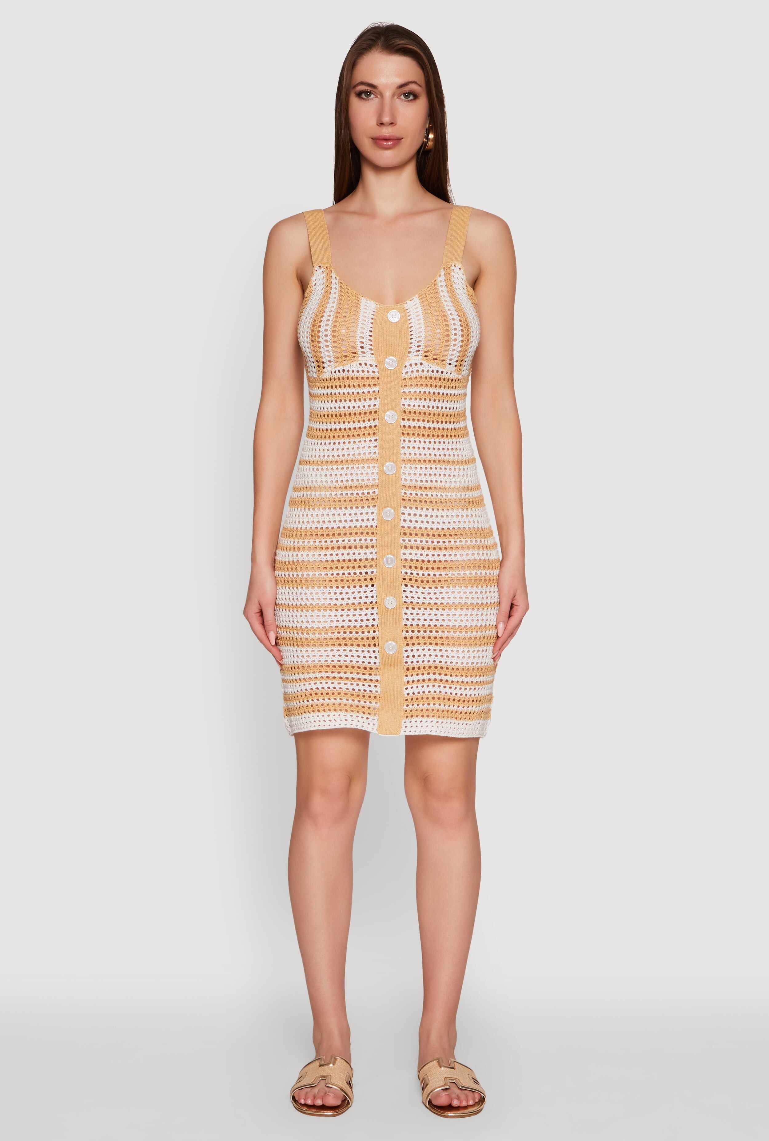 Trendy Striped Crochet V-Neck Sleeveless Sundress with Faux Buttons
