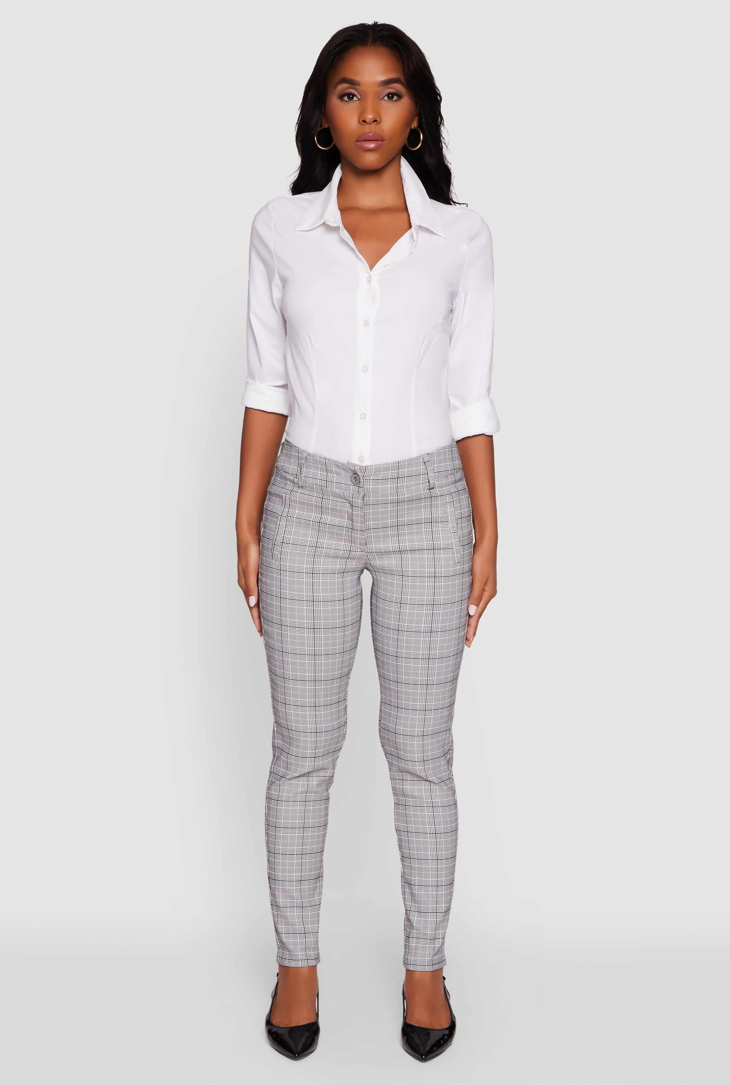 Mid Rise Plaid Skinny Dress Pants