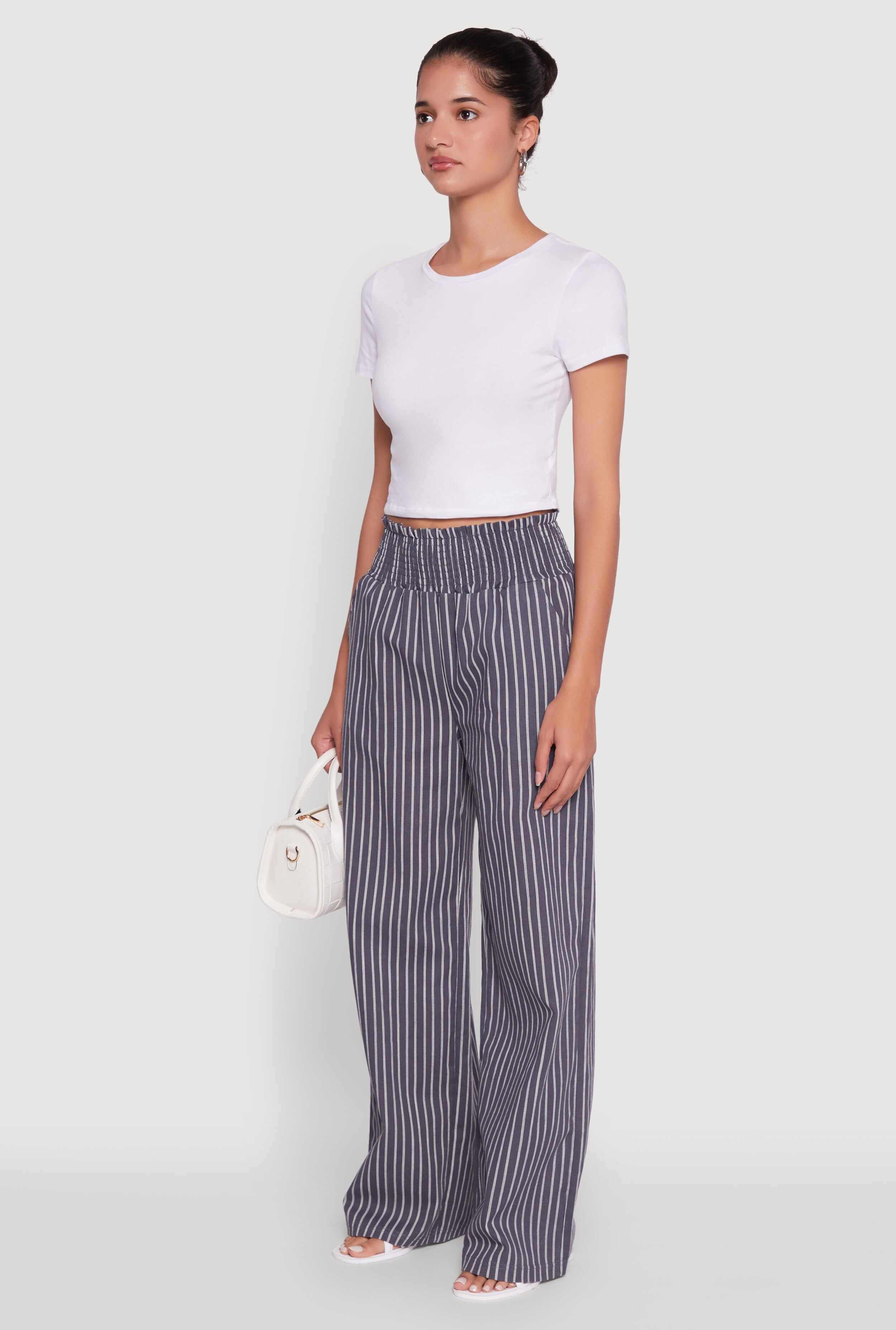 Trendy Linen Striped Smocked Waist Wide Leg Pants