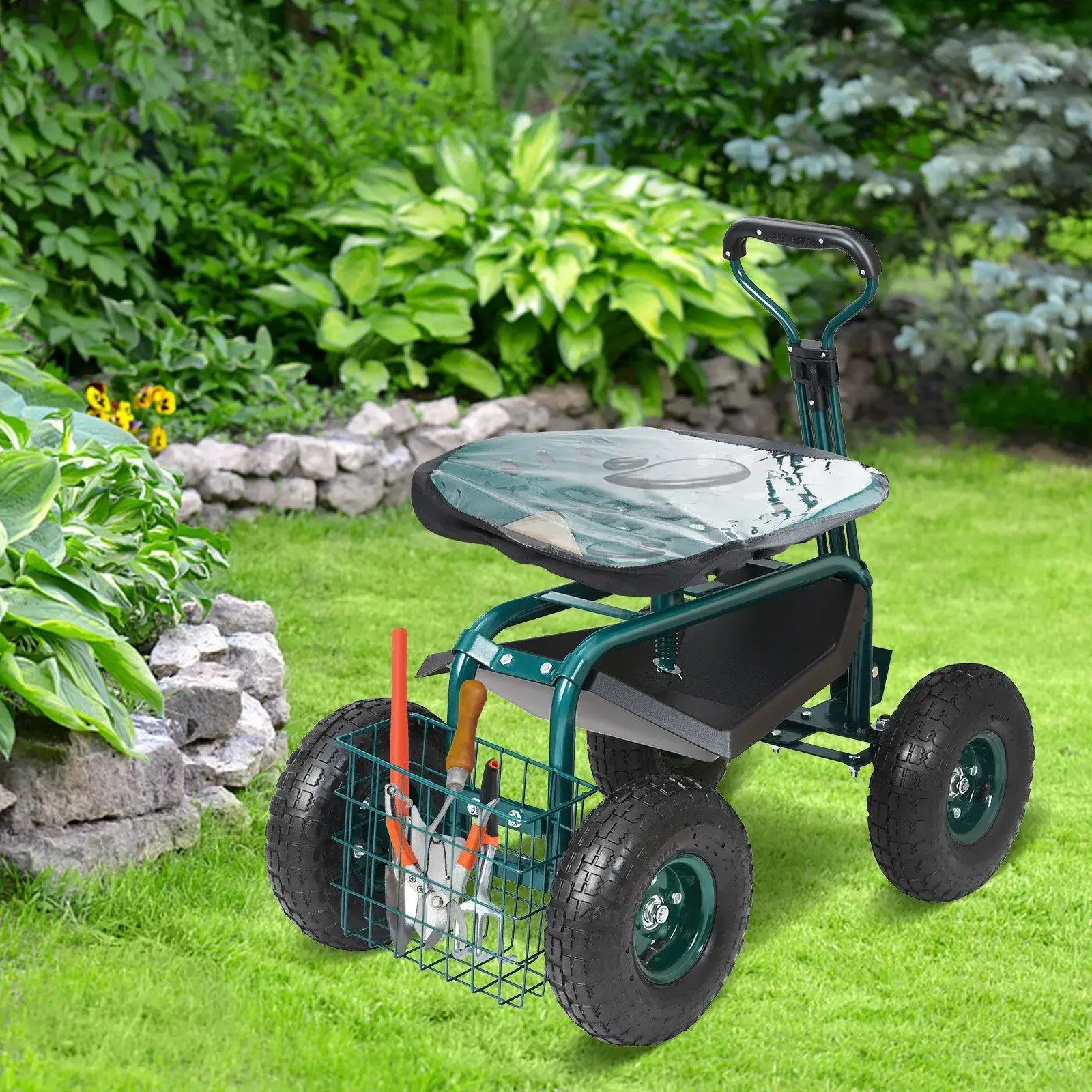 Garden Cart Rolling Workseat with Wheels, Gardening Stool for Planting, 360 Degree Swivel Seat, Wagon Scooter with Steering Handle & Utility Tool Tray, Use for Patio, Yard, and Outdoors