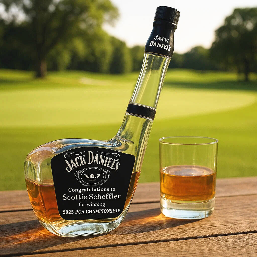 Golf club whiskey bottle commemorating Scottie Scheffler's win of the 2025 PGA Championship