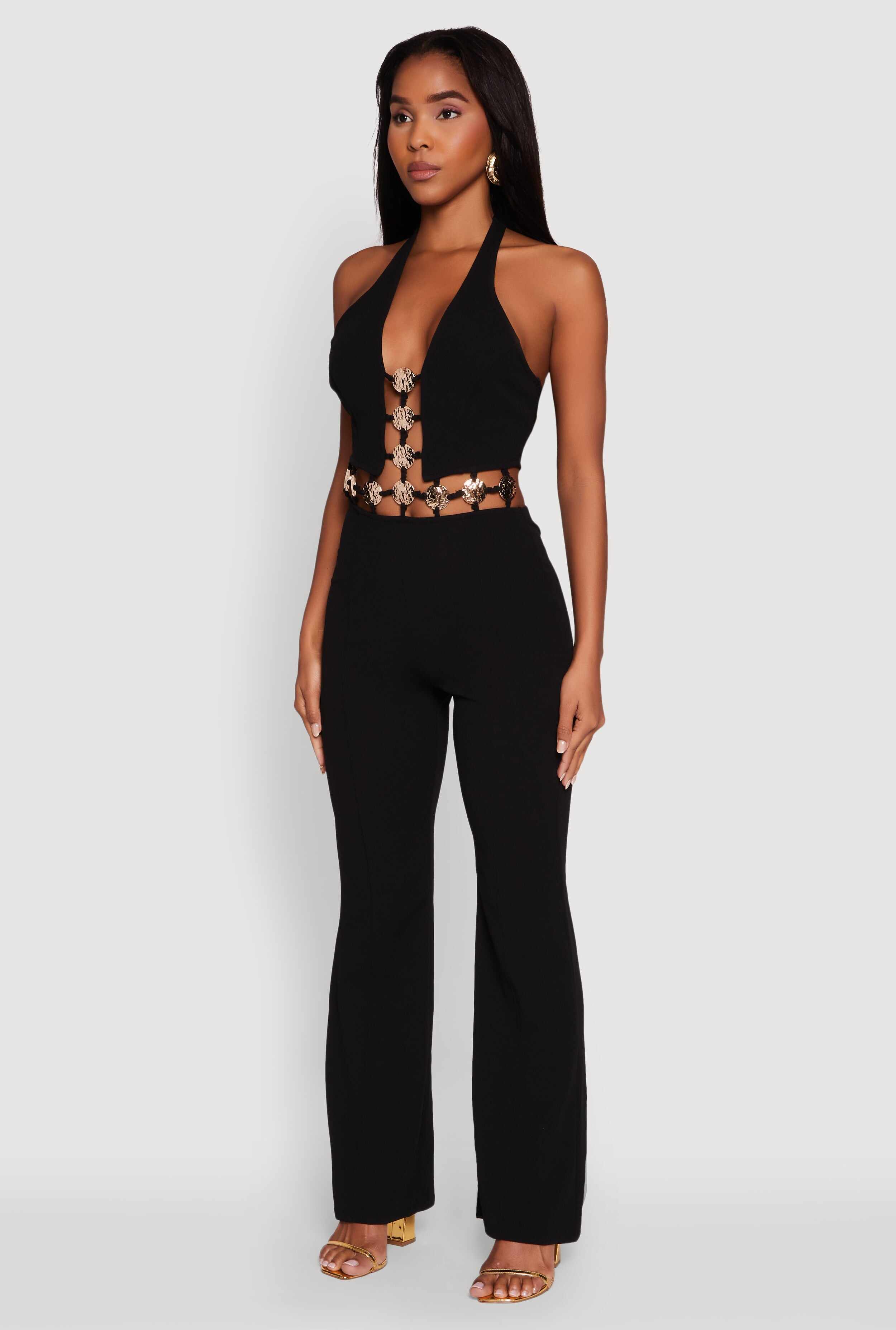 Metallic Detail Plunge Tie Back Halter Jumpsuit