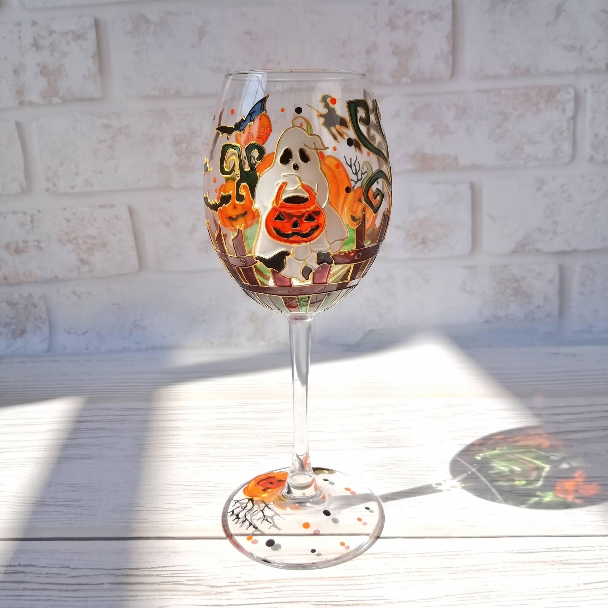 🎃 Hand-Painted Halloween Pumpkin & Ghost Crystal Wine Glass