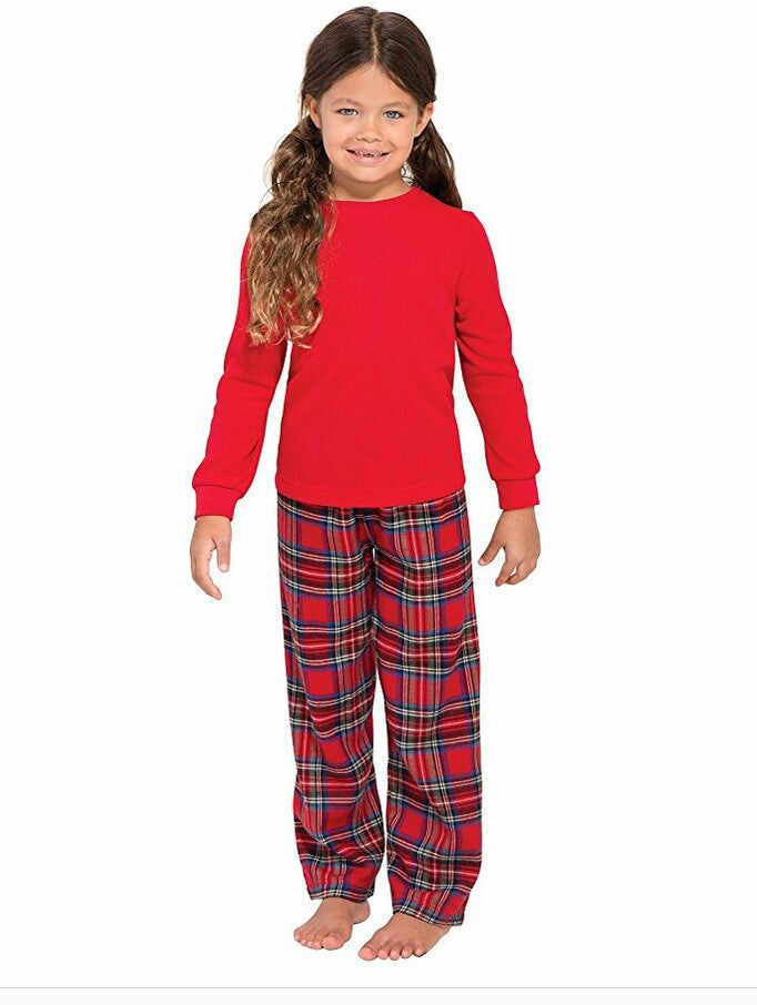 Christmas Long Sleeve Pure Red Top and Long Plaid Pants Family Matching Pajamas