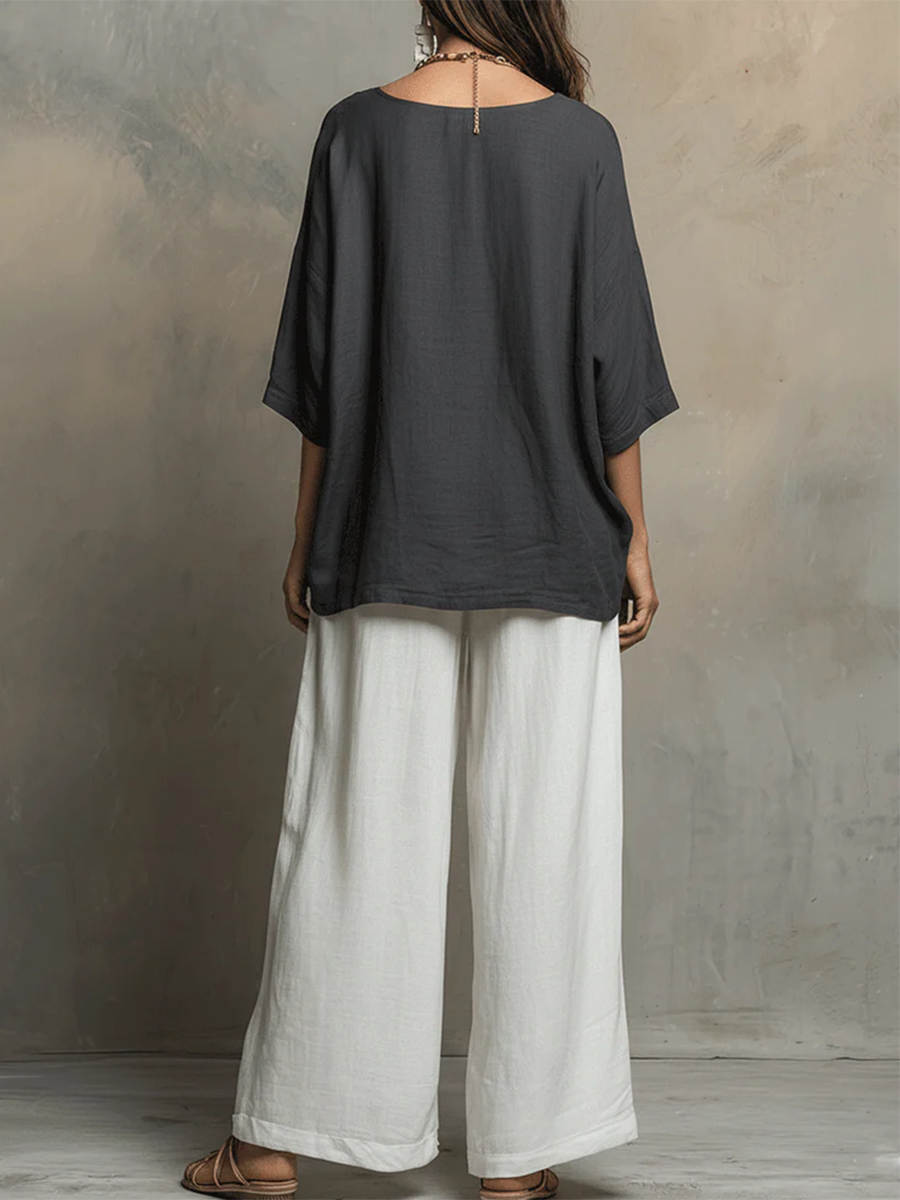🔥Summer Arrivals🌟Cozy Cotton-linen Irregular Top And Wide-leg Pants Two-piece Set