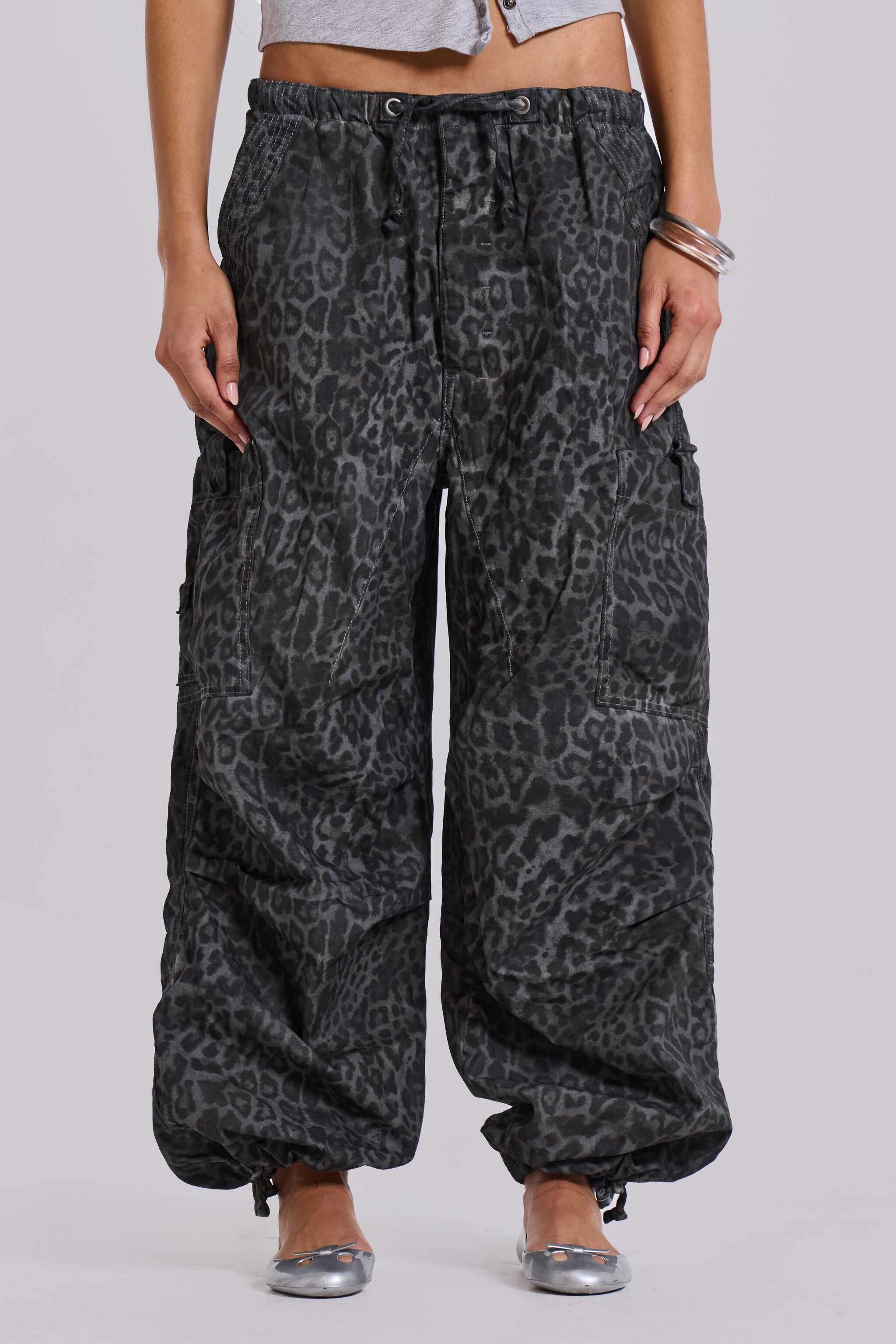 Charcoal Leopard Parachute Pants