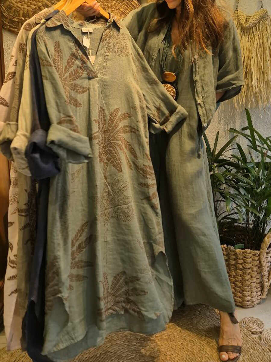 🔥Summer Arrivals🌟Casual Leaf Print Linen And Cotton Dress