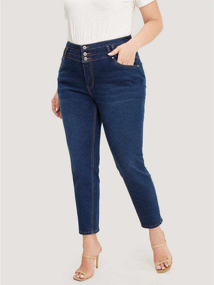 Very Stretchy High Rise Dark Wash Layered Contrast Stitch Jeans