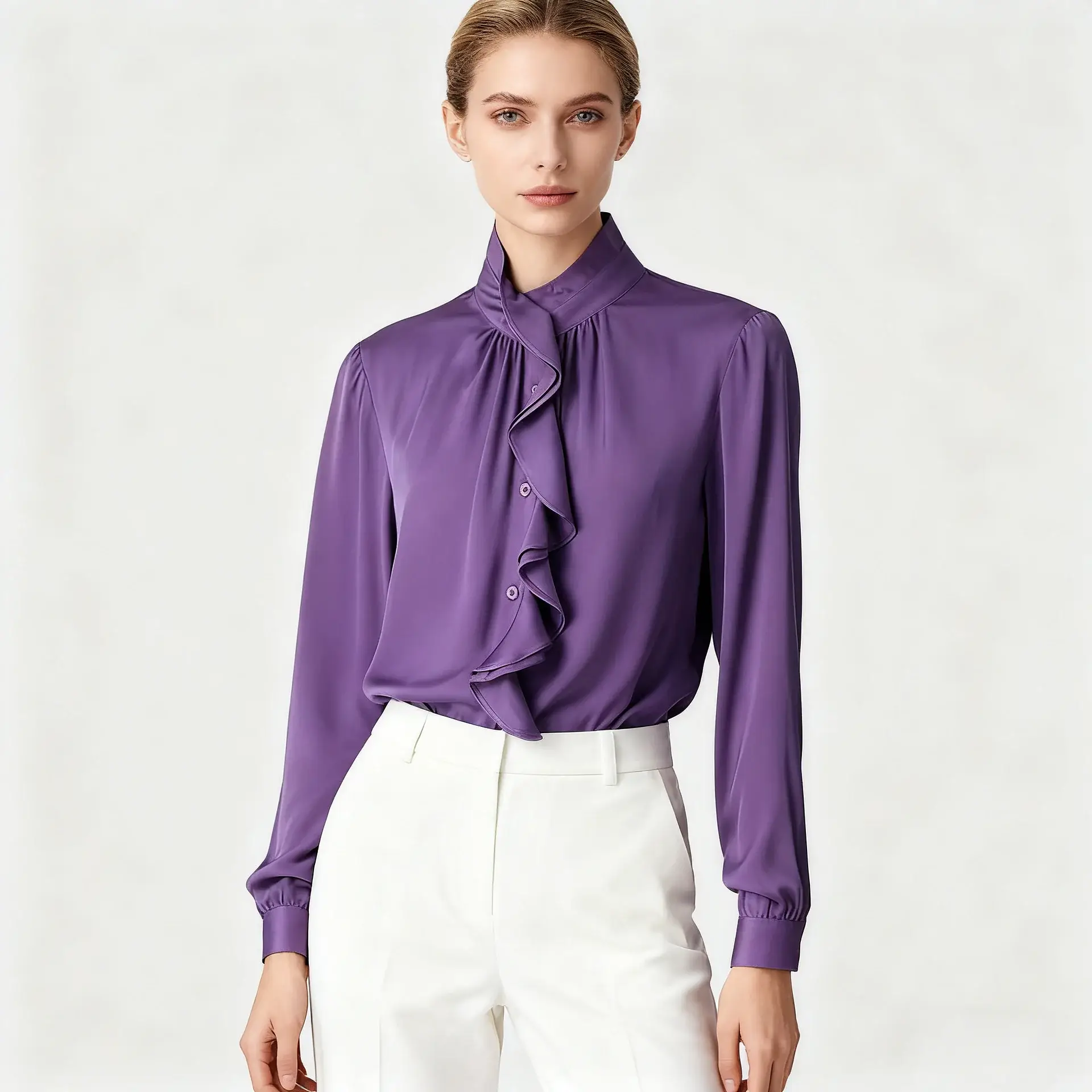 Ruffled Silk Blouse Solid Color