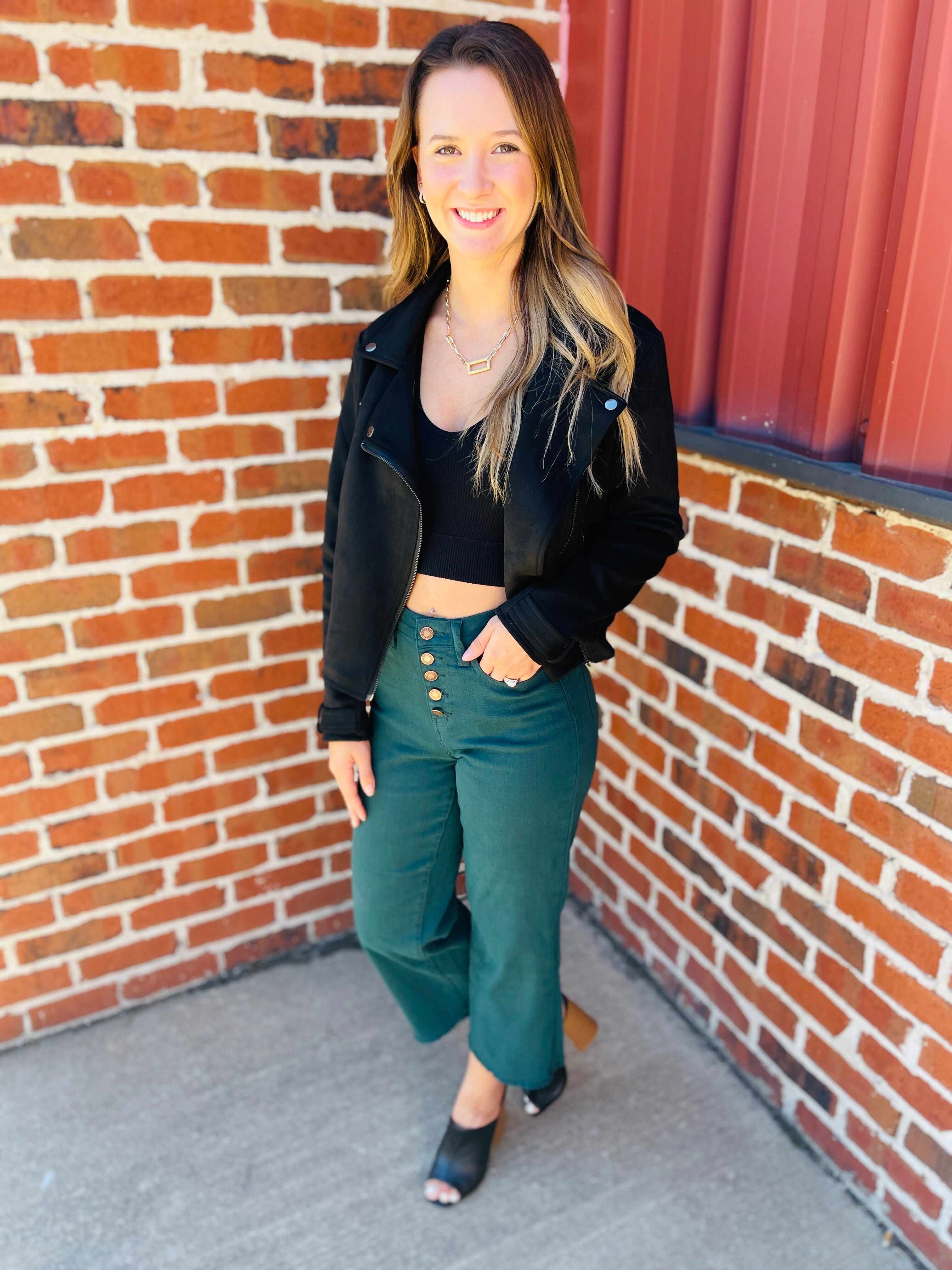 Plus/Reg Bright As A Button Fly Wide Leg Teal Jeans