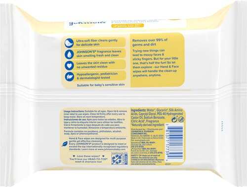 Johnson's Baby Disposable Hand & Face Cleansing Wipes, Pre-Moistened Wipes Gently Remove 99% of Germs & Dirt from Delicate Skin, Paraben-, Phthalate- & Alcohol-Free, Hypoallergenic, 25 ct