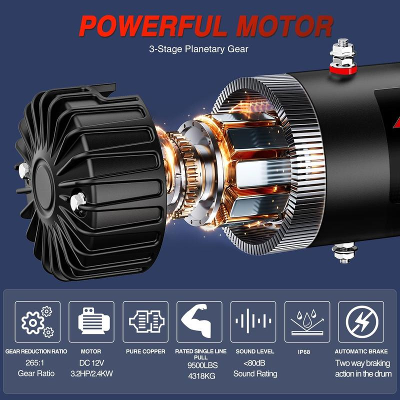 Electric Winch 12V Waterproof IP68 Towing Winches for Trailer Jeep ATV UTV Truck SUV 9500 LBS Portable Badlands Winch with Synthetic Rope Hawse Fairlead Wired Handle Wireless Remote Red Rope