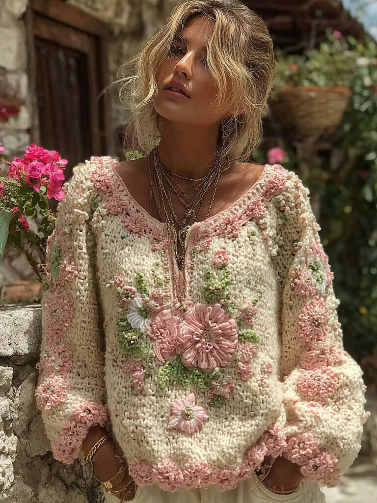 Women's Boho Floral Chunky Knit Small V-neck Sweater
