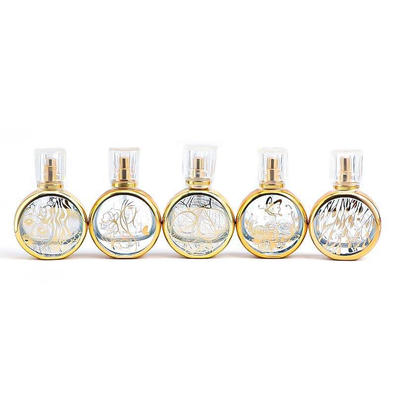 Gold Trim Round Butterfly Rose Refillable Perfume Atomizer
