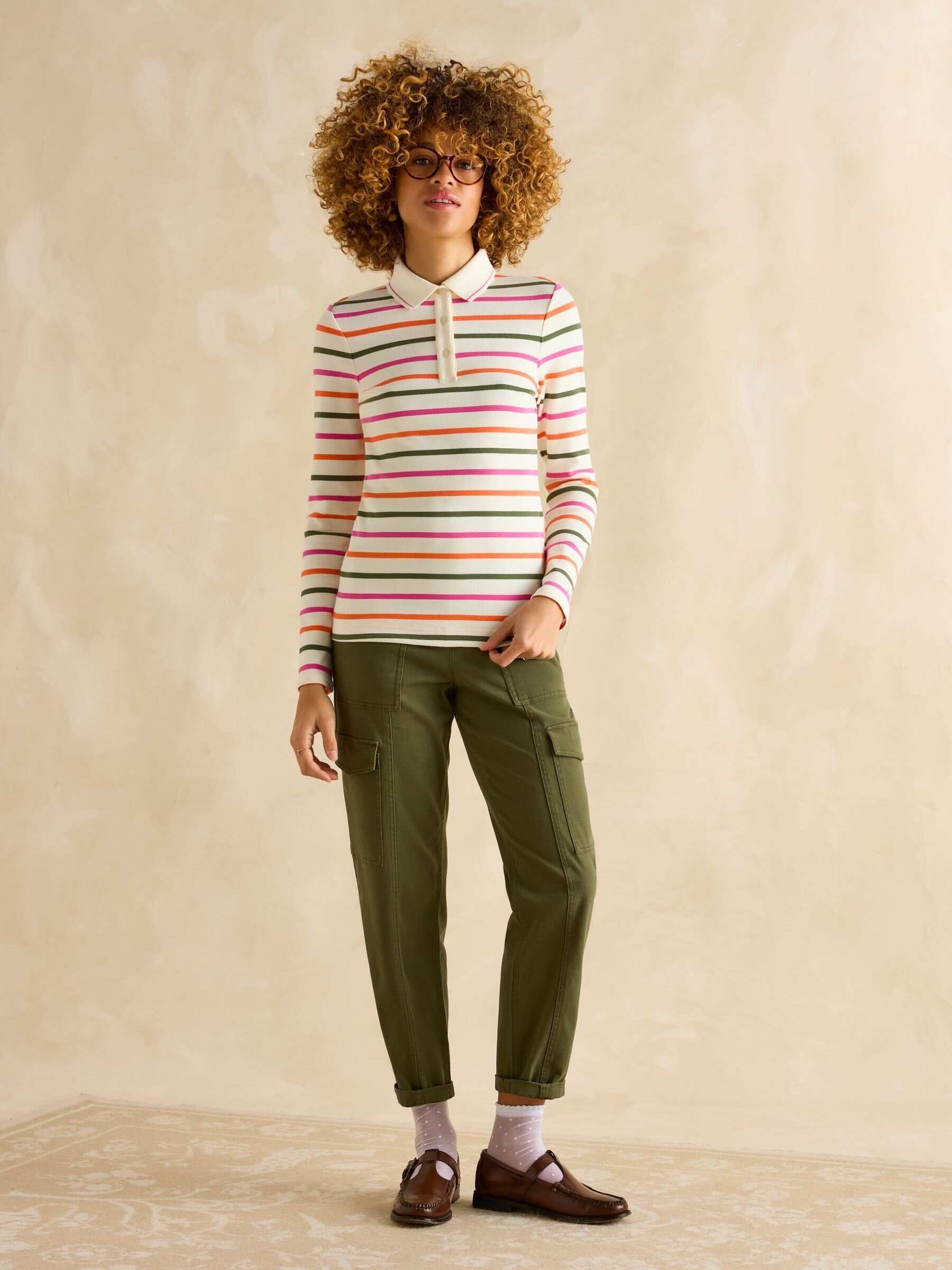 Fairfield Cream Ribbed Long Sleeve Striped Polo Shirt
