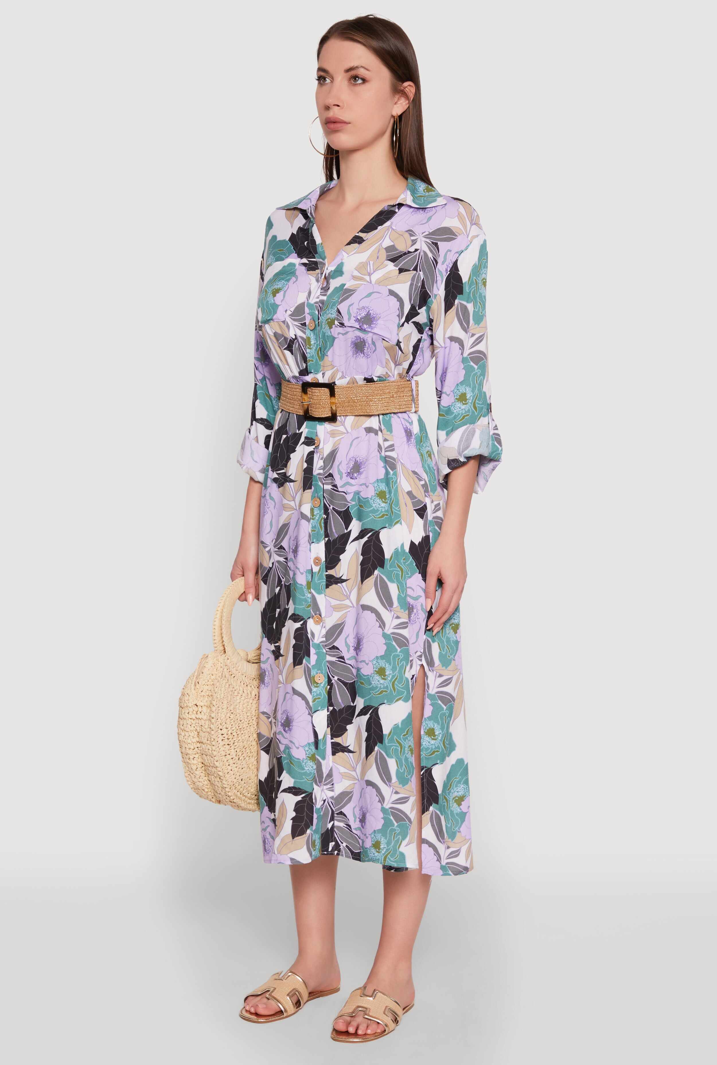 Floral Button Front Belted Shirt Dress