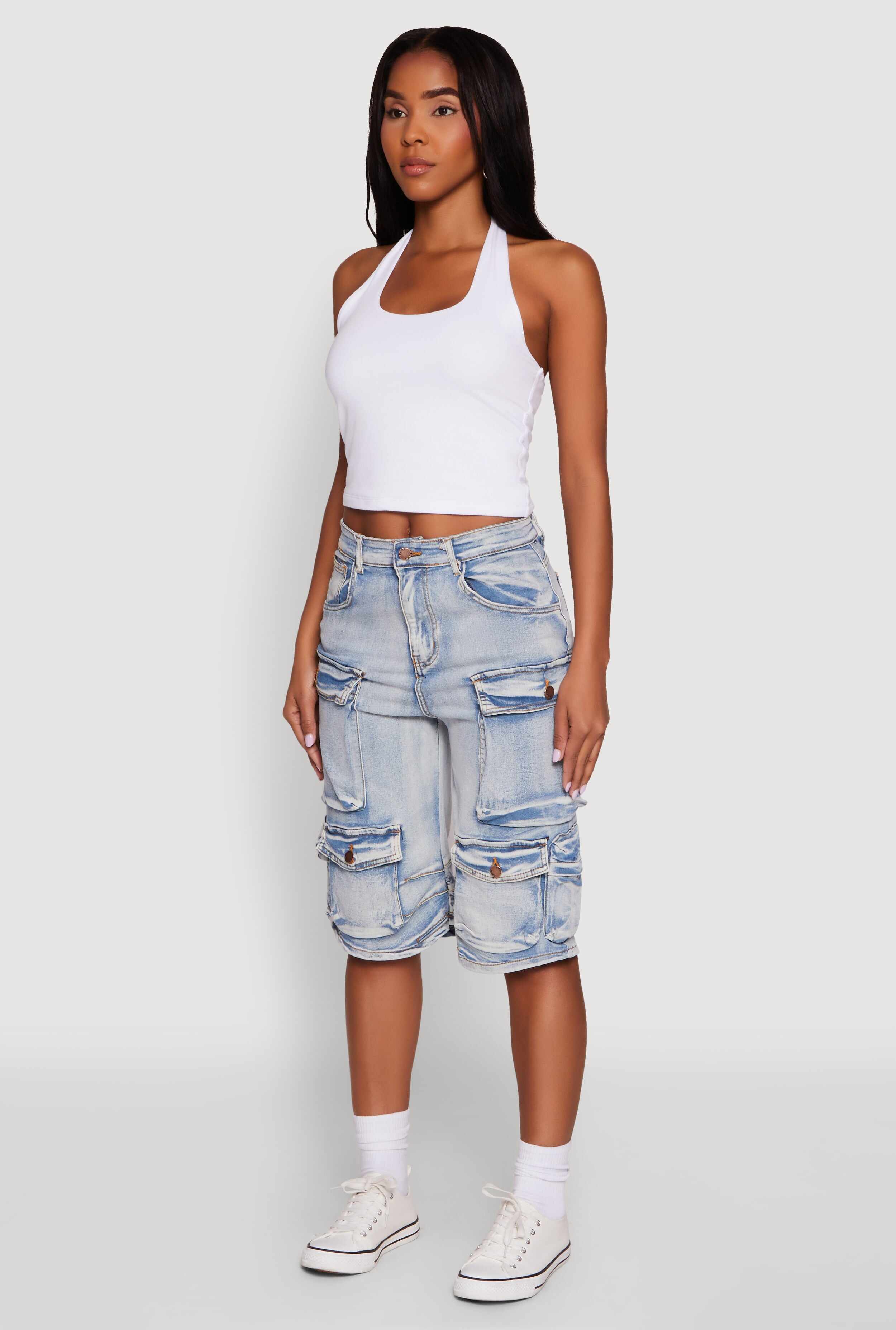 Daisy High Waisted Acid Wash Denim Cargo Shorts