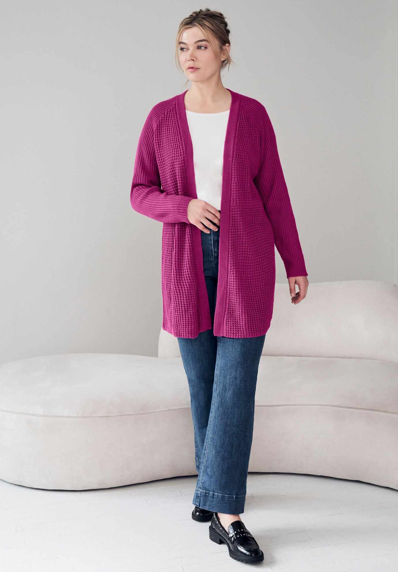 Open Front Waffle Cardigan
