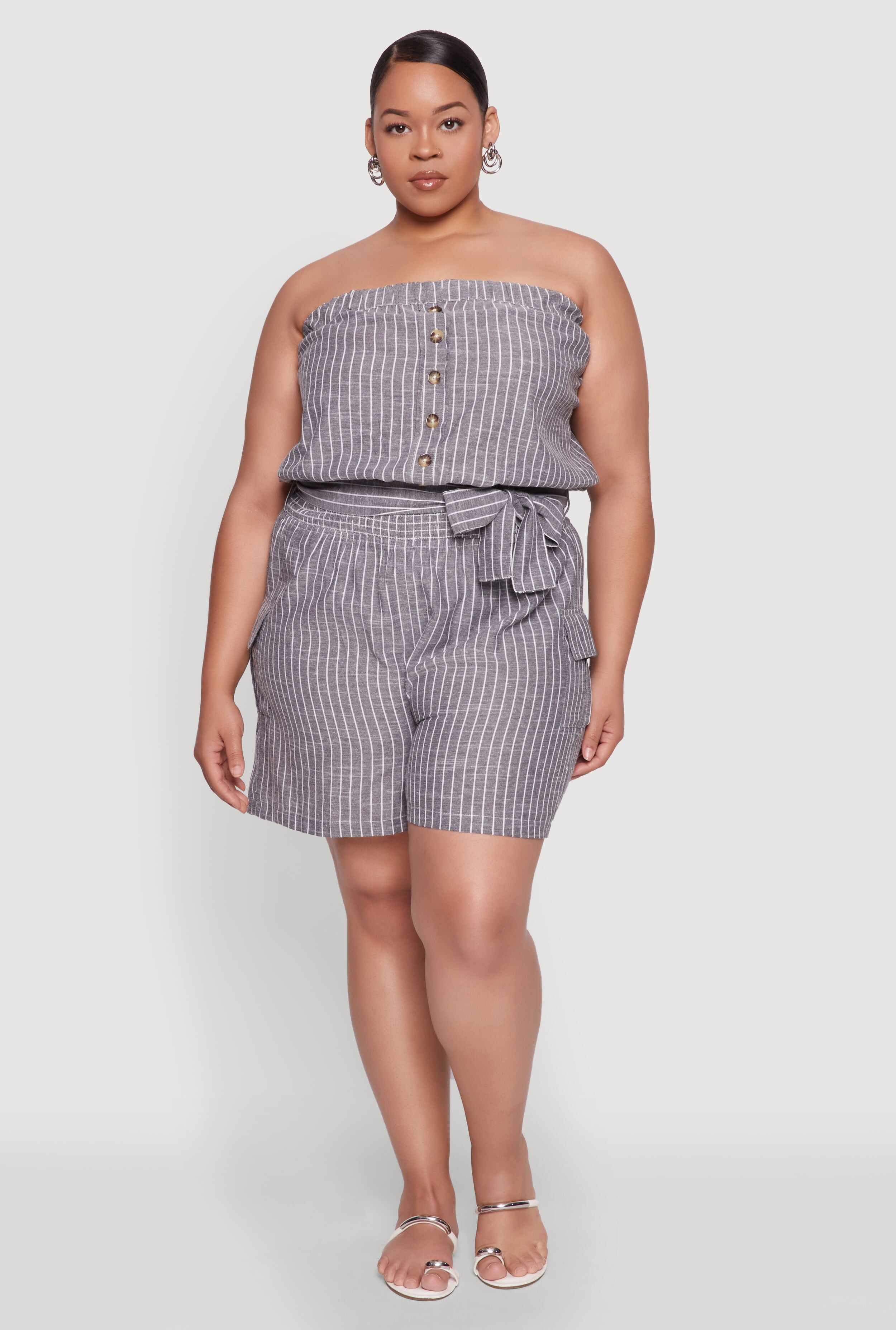 Plus Size Tie Waist Belted Pinstripe Romper