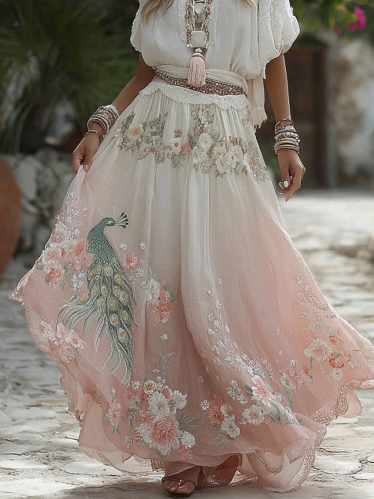 Women's Retro Elegant Peacock Floral Linen Blend Casual Midi Skirt