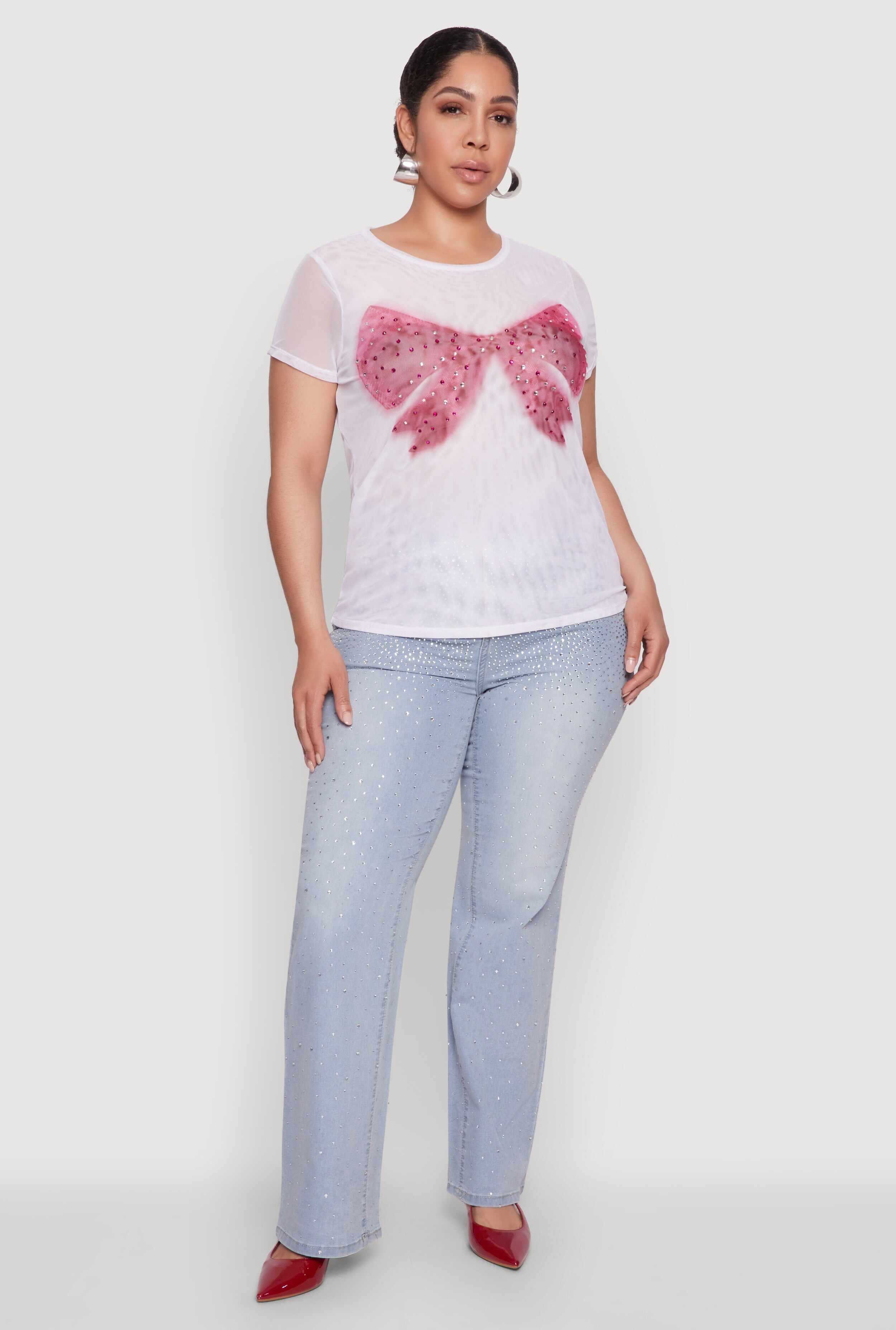 Plus Size Rhinestone Bow Graphic Mesh Top