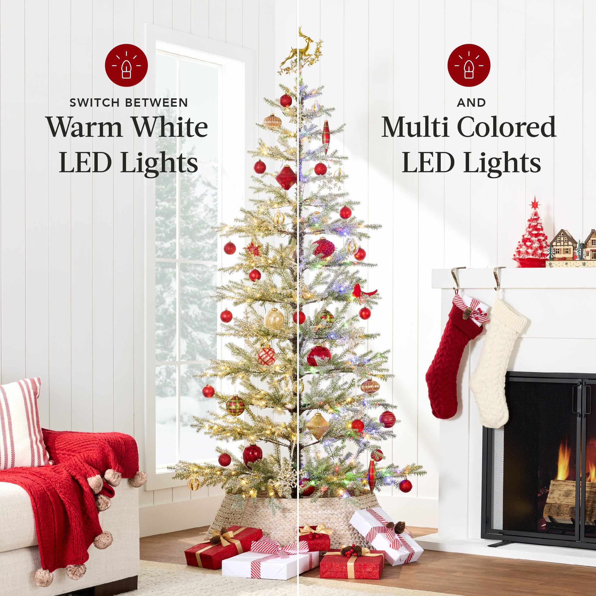 Green Pre-Lit Sparse Flocked Christmas Tree w/ 2-in-1 LEDs, Cordless Connection