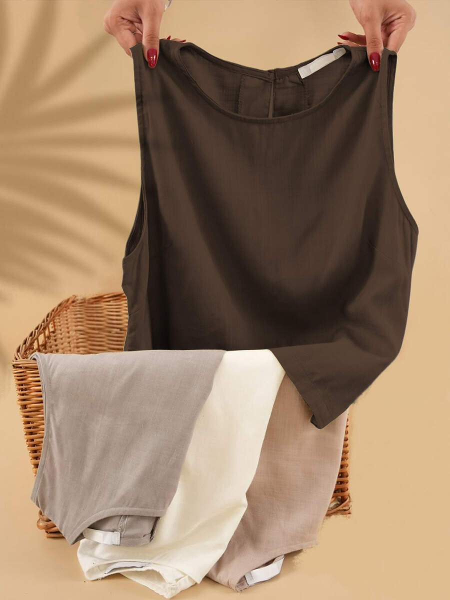 🔥Summer Arrivals🌟Women's Solid Color Round Neck Sleeveless Casual Linen Vest Top