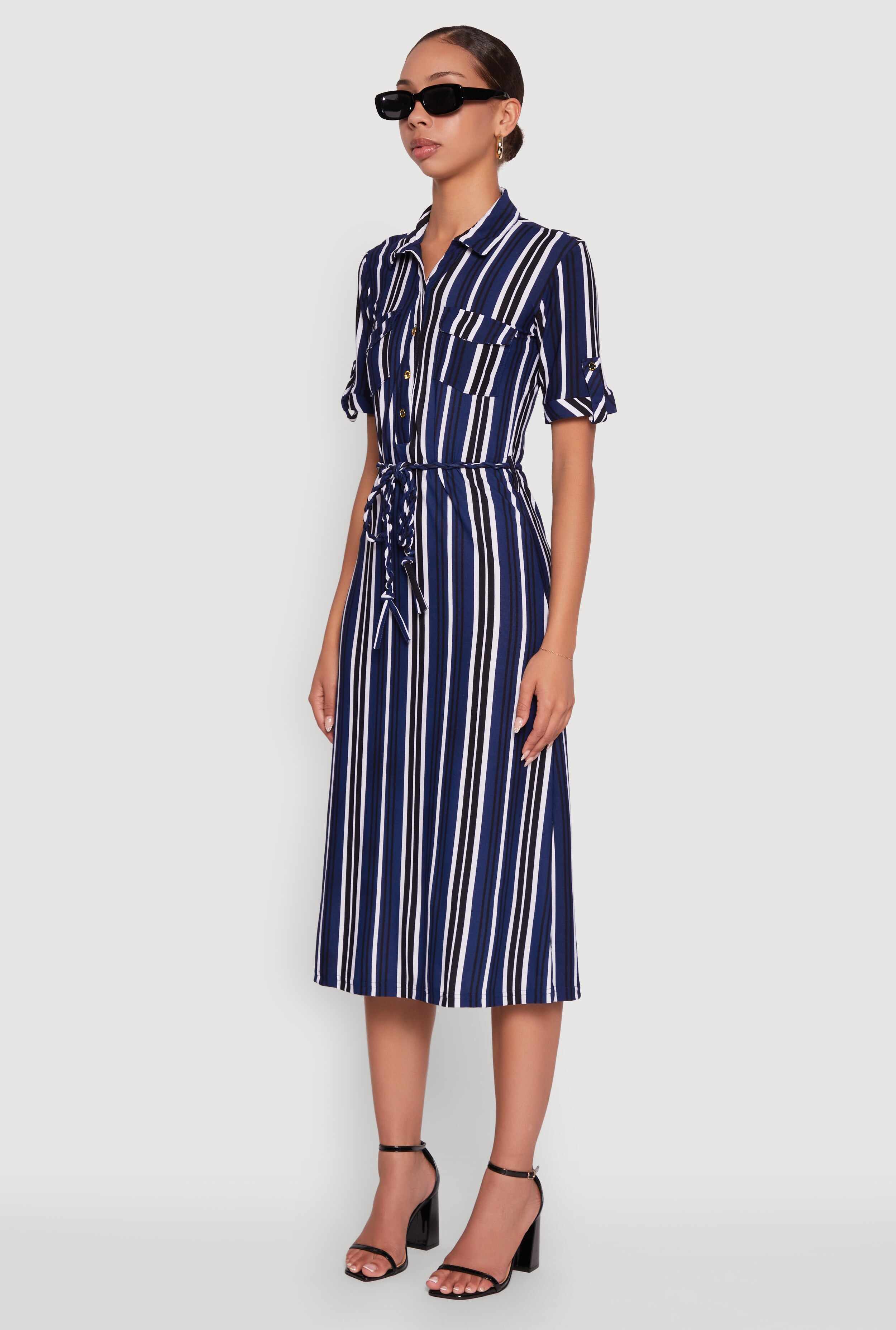 Trendy Half Button Tie Waist Striped Midi Shirt Dress