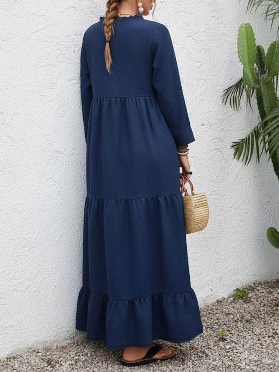 🔥Summer Arrivals🌟Women's Solid Color Round Neck Long Sleeve Casual Loose Cotton Linen Dress
