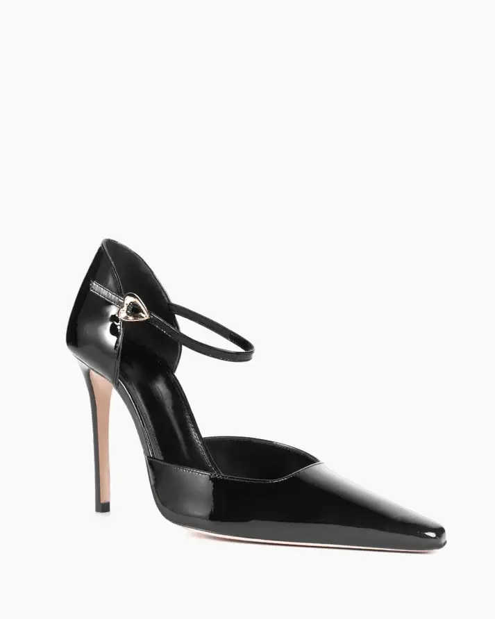 Black Patent Leather Pointed-Toe Ankle Strap Stiletto Pumps