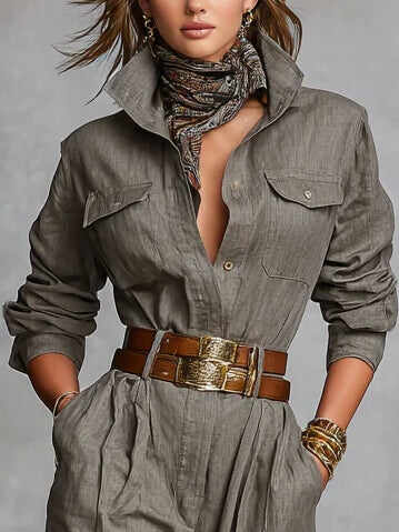 Cotton And Linen Blended Long Sleeve Shirt Jumpsuit