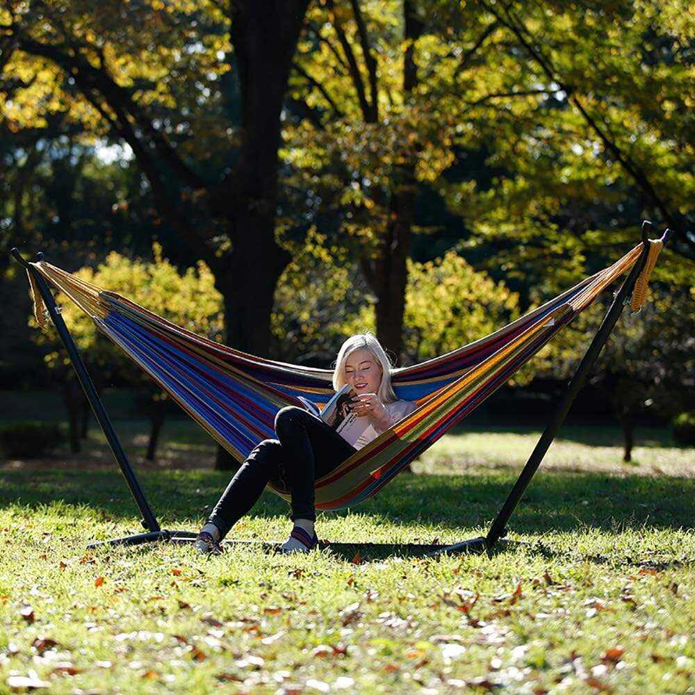Double Cotton Hammock with Space Saving Steel Stand, Tropical (450 lb Capacity - Premium Carry Bag Included)