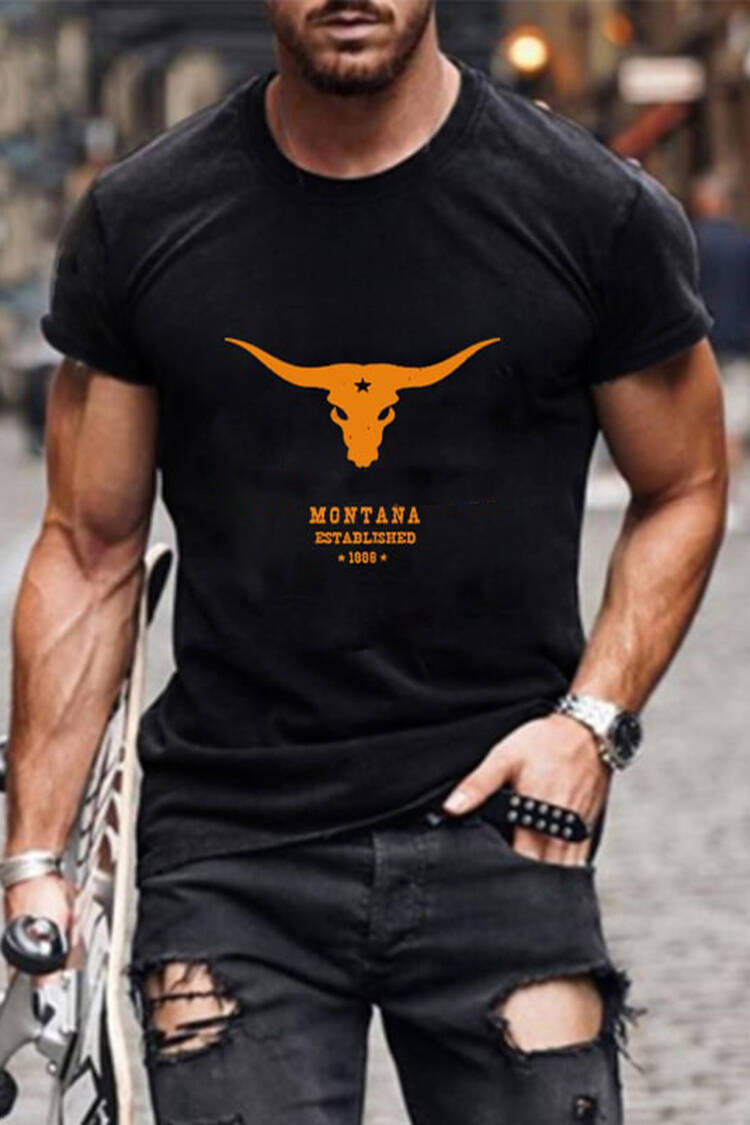 Western Bull Head Monogram Print Short Sleeves T-Shirt