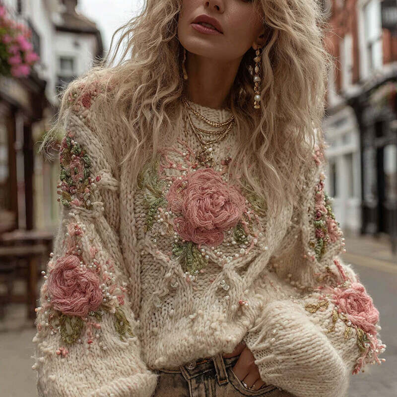 Women's Vintage Rose Floral Chunky Knit Warm Crew Neck Sweater