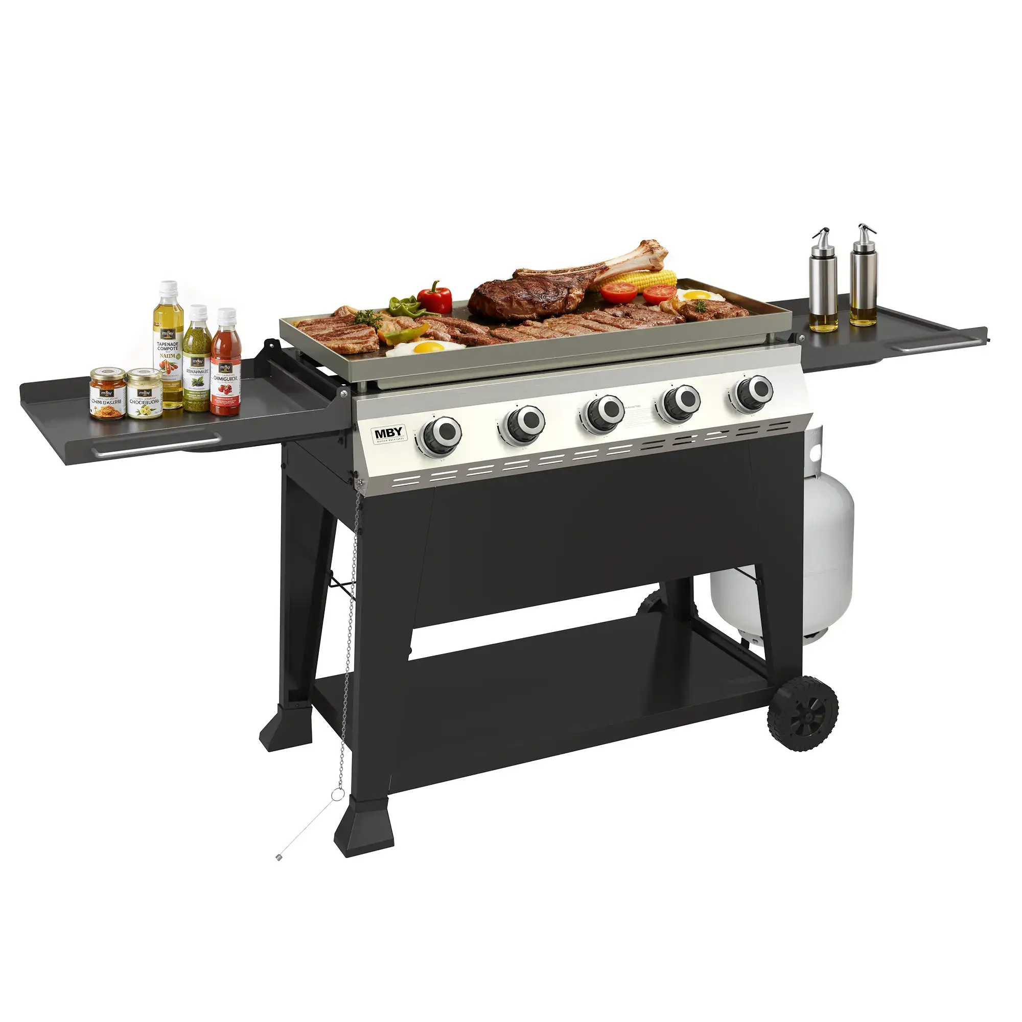 Foldable Outdoor Flat Top Gas Griddle - 50,000 BTU, 540 Sq In Cooking Area, Rolling Wheels, Folding Side Shelves for Camping, Backyard BBQ, Black