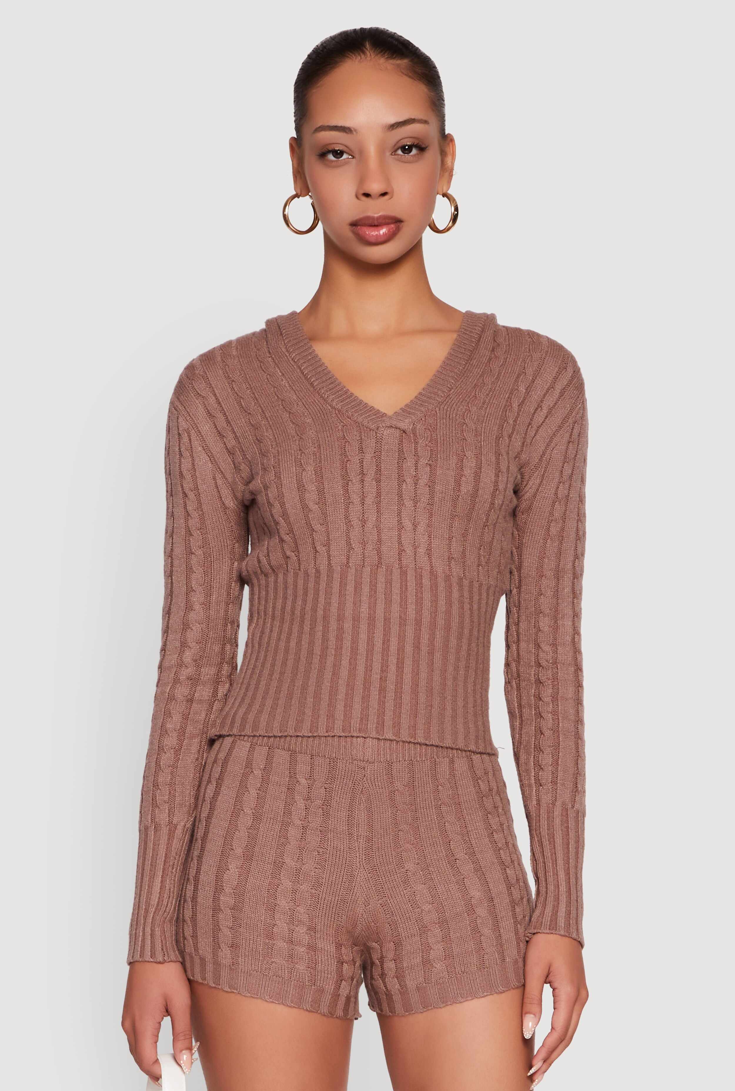 Cable Knit V Neck Hooded Sweater