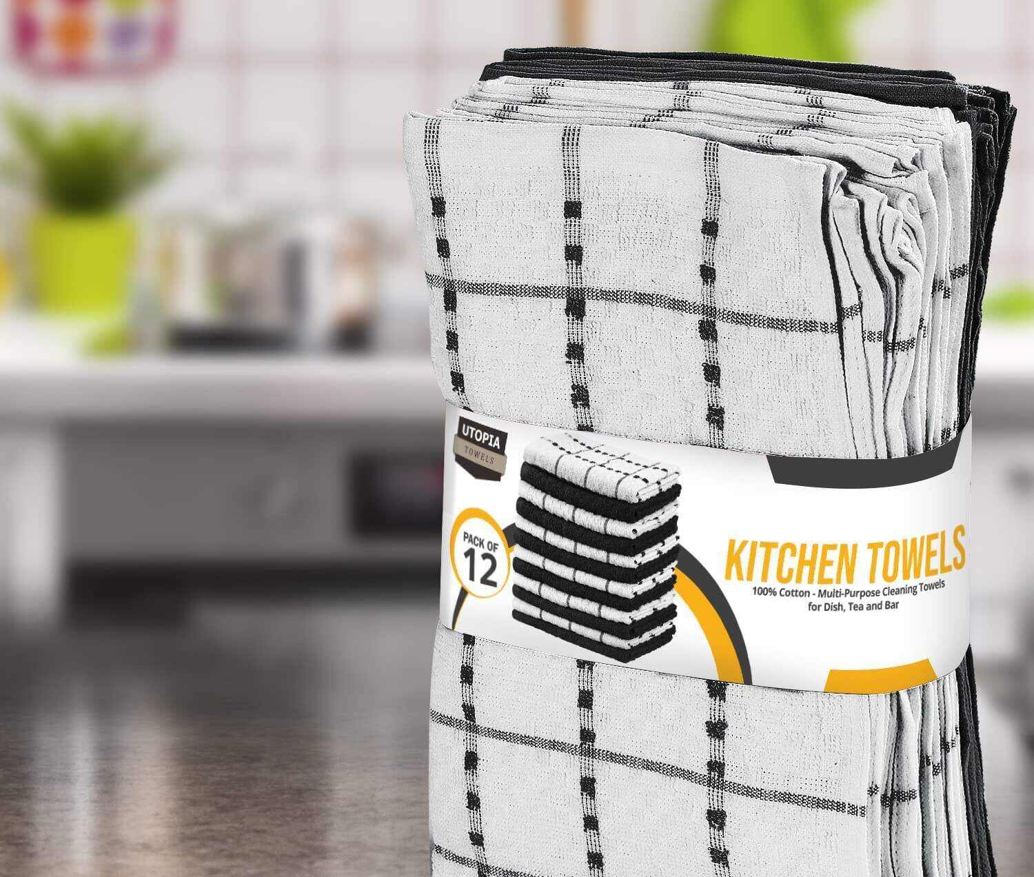Kitchen Towels [12 Pack], 15 x 25 Inches, 100% Ring Spun Cotton Super Soft and Absorbent Linen Dish Towels, Tea Towels and Bar Towels Set (Black)
