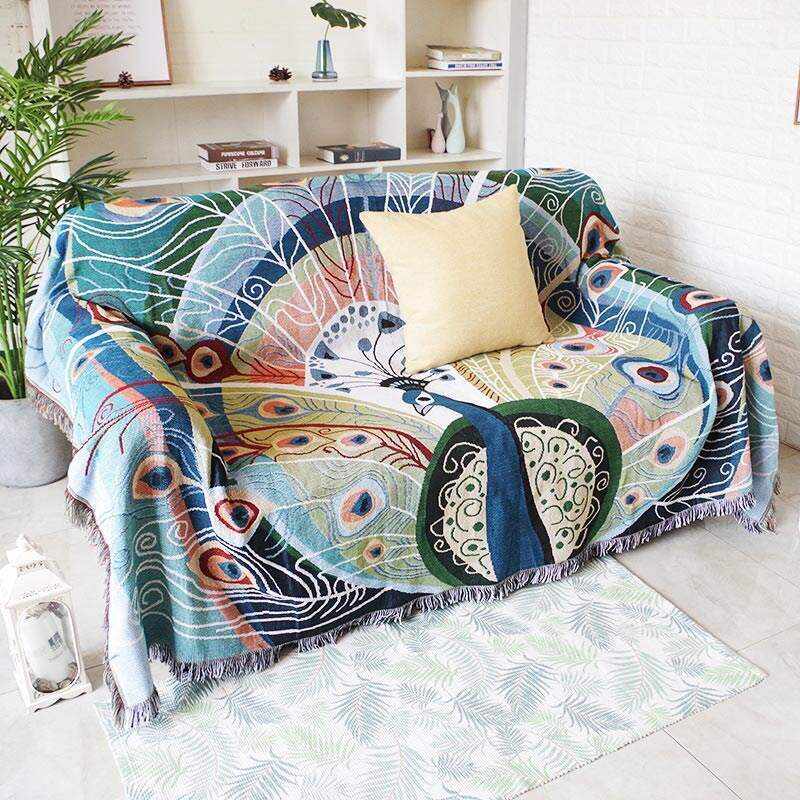 Peacock Print Tassel Reversible Blanket