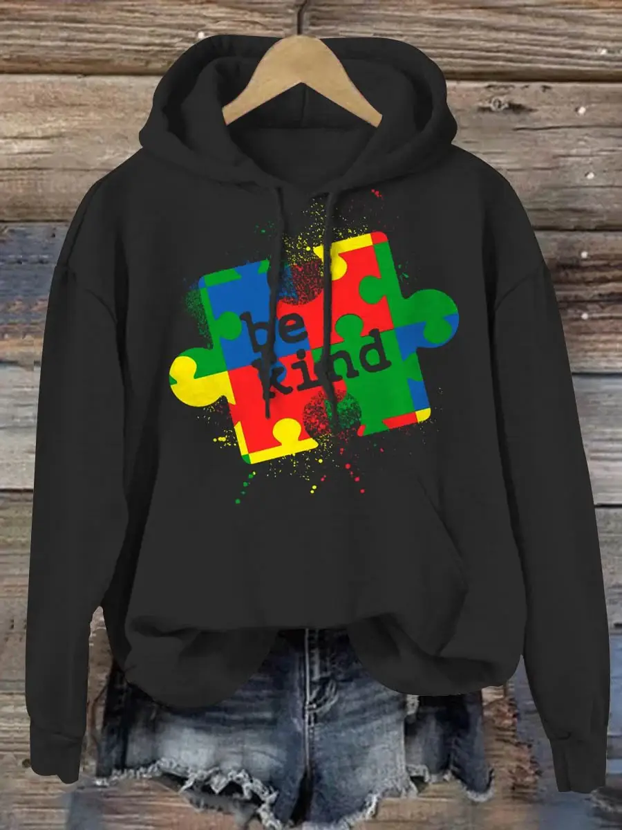 Be Kind Puzzle Piece Splatter Autism Awareness Print Casual Hoodie
