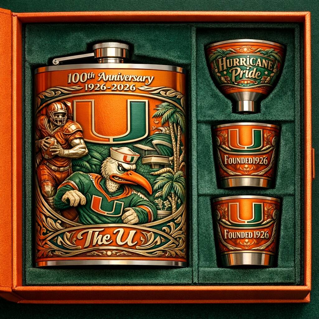 Miami Hurricanes 100th Anniversary Flask Gift Set
