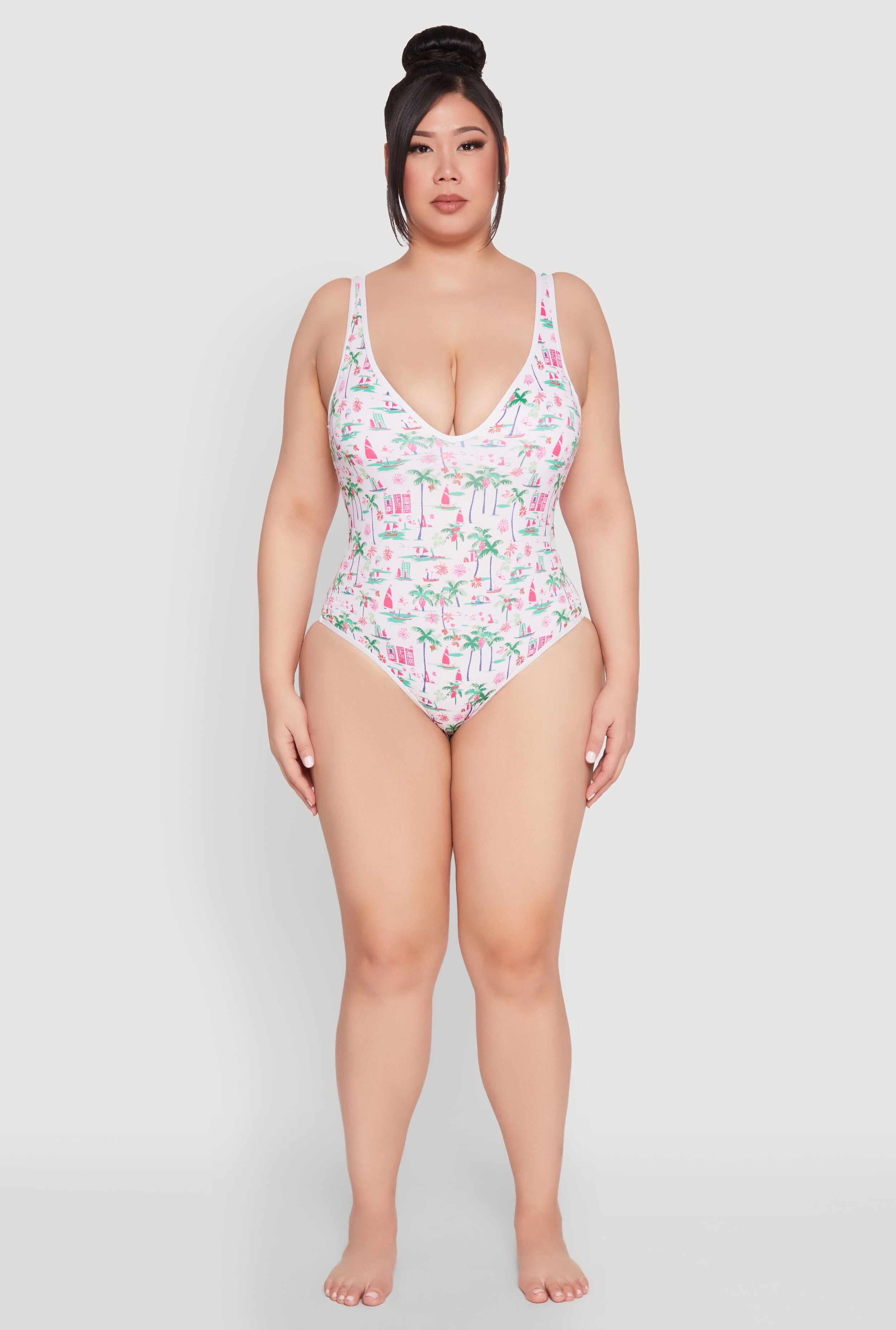 Plus Size Palm Tree Tropical Print One Piece Swimsuit
