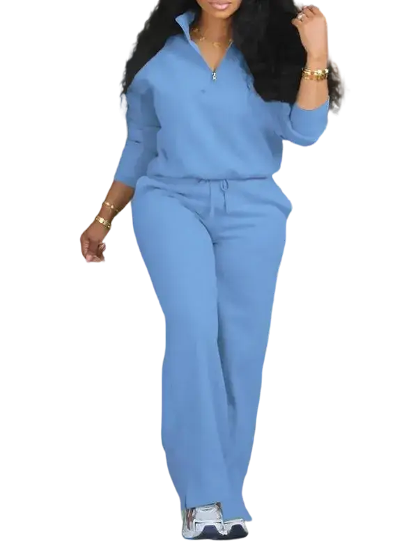 Women's Solid Half Placket Split Hem Pants Set