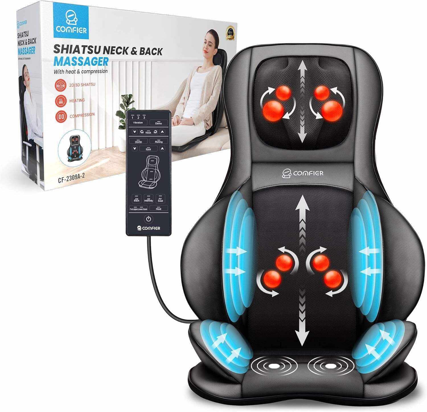 COMFIER Shiatsu Neck Back Massager with Heat and Compression, App Control 2D or 3D Deep Tissue Kneading Massage Chair Pad, Chair Massager for Full Body Pain Relief, Ideal Gifts,Grey
