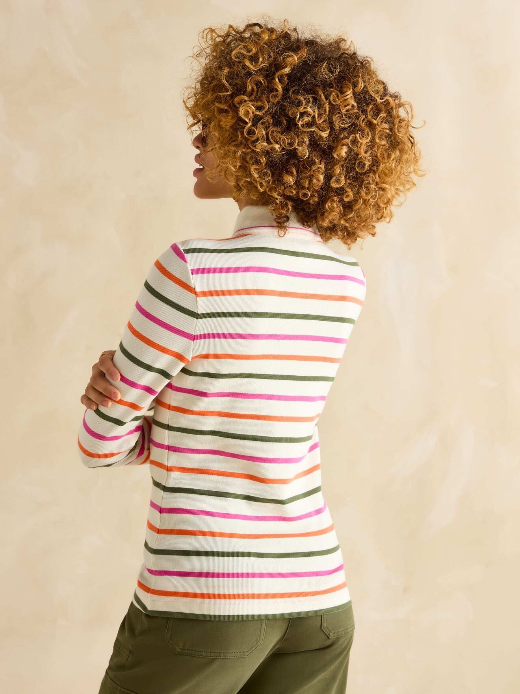 Fairfield Cream Ribbed Long Sleeve Striped Polo Shirt